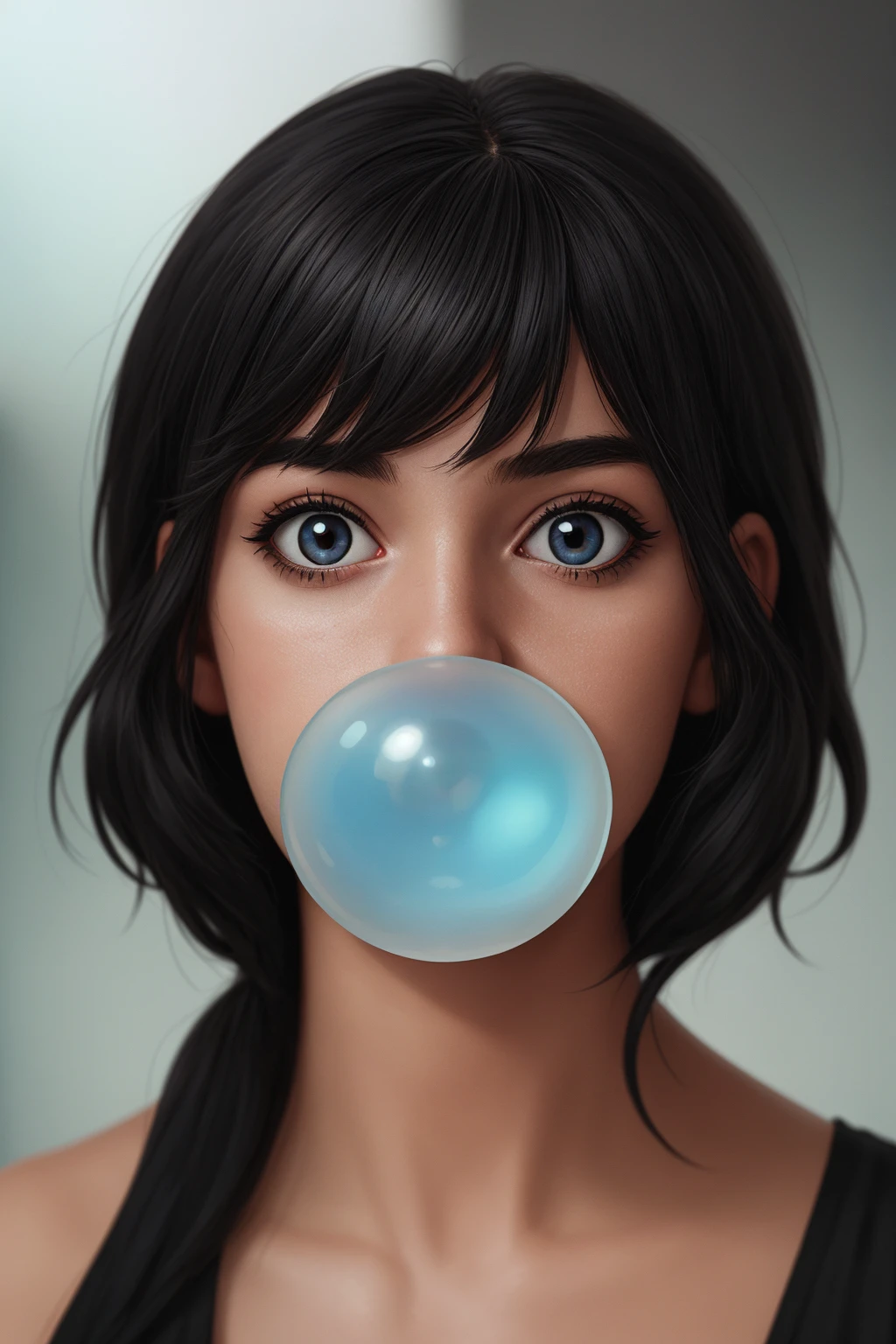 RAW Photo, DSLR BREAK (kkw-ph1:0.9) BREAK half body portrait of a young 20yo woman, black hair, wearing a summer dress BREAK detailed, blowing bubble gum, translucent blue bubble gum <lora:Bubble Gum:0.55>, professional colorgraded