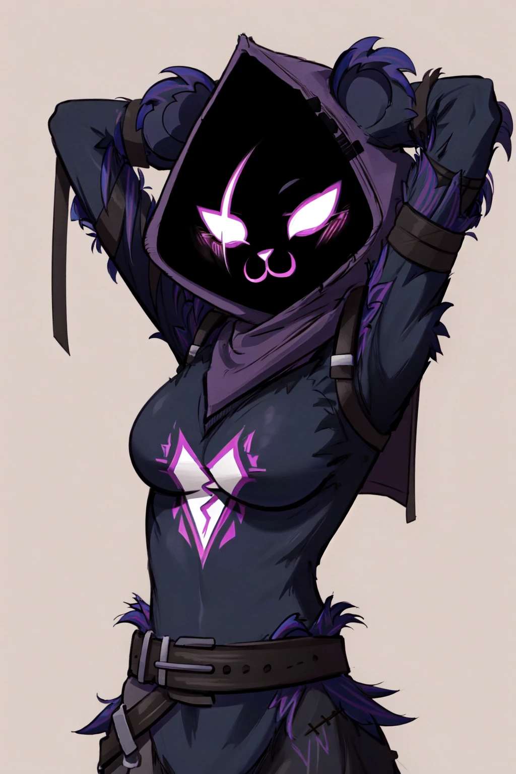 Raven team leader, thick thighs, skin tight outfit, voluptuous, seductive, hoodie, fake animal ears, realistic, best quality, masterpiece, ultra detail, ultra high res, extreme detail, 8k