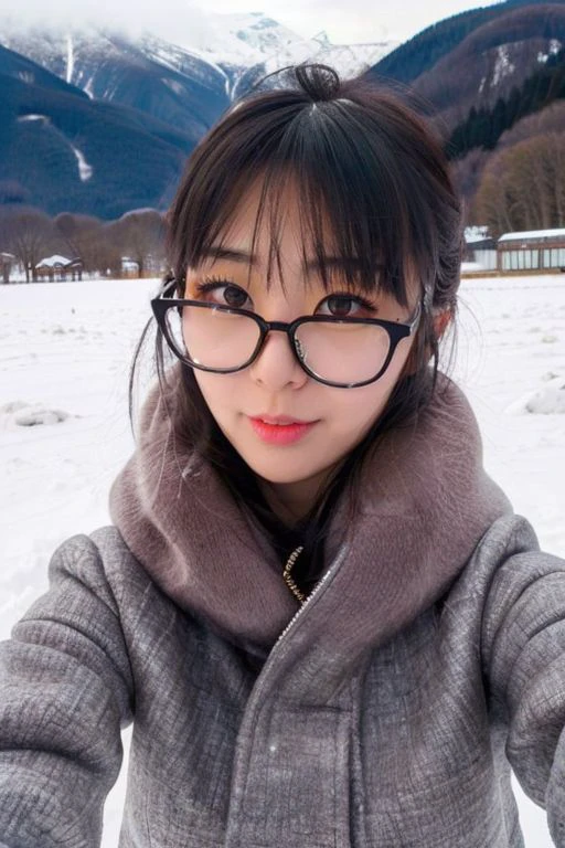 larissa, slender asian girl, glasses, selfie, snow, snowy mountain, <lora:Celeb_LarissaRochefort:0.8>, , masterpiece, (best quality:1.2), [:intricate details:0.2],