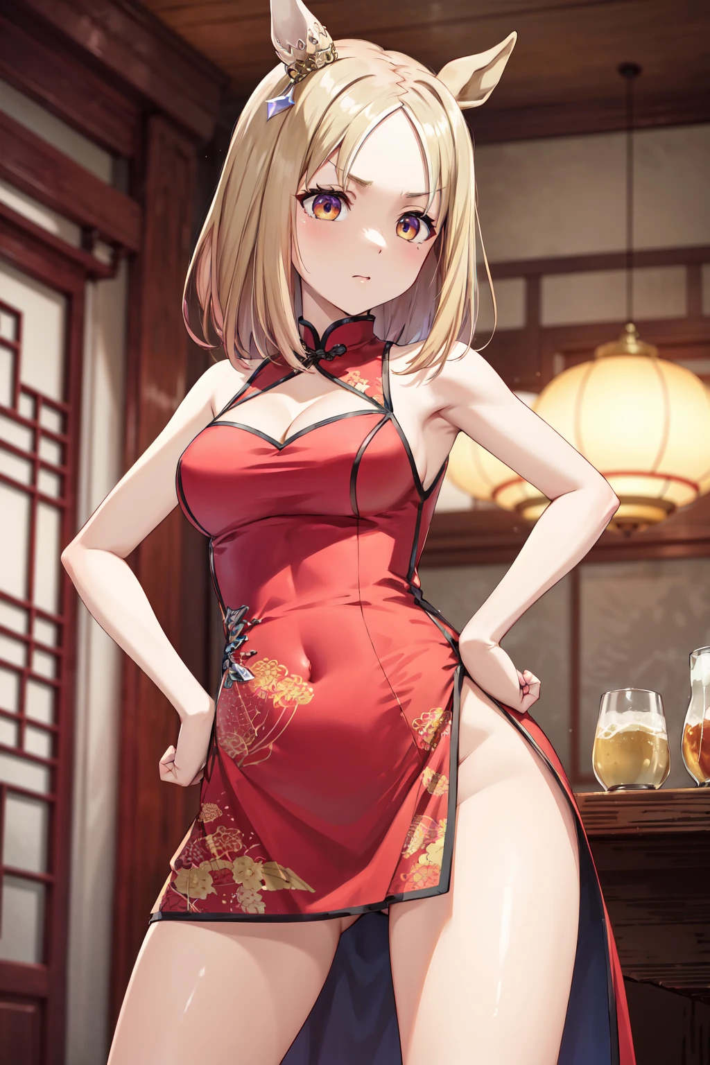((4K, master piece, Best Quality)), 1girl in, Light brown SHRT hair, Red Eyes, center parted hair, medium breasts, Cute, blush, China dress