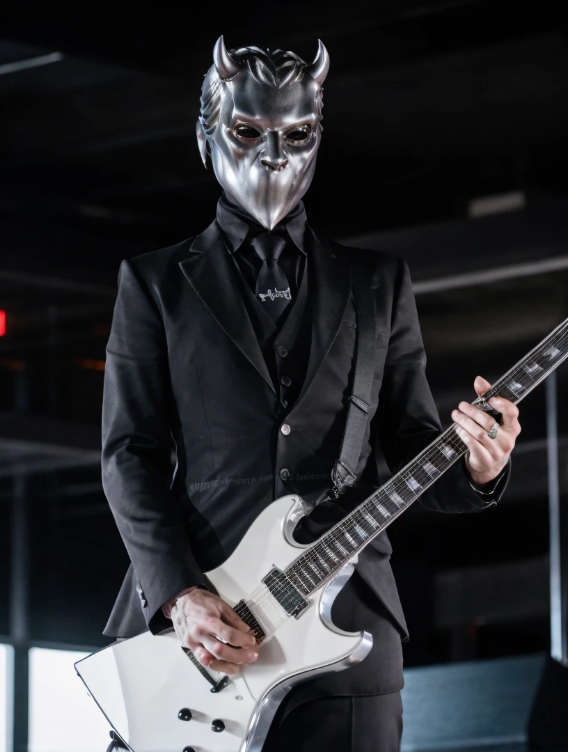 RAW photo, thin 1man, black strict suit, chrome devil mask, artistic pose, complex rock concert background, 8k uhd, dslr, soft lighting, high quality, film grain, Fujifilm XT3, (intricate details:0.9), (hdr, hyperdetailed:1.2)
<lora:NamelessGhoul:0.7> NamelessGhoul
