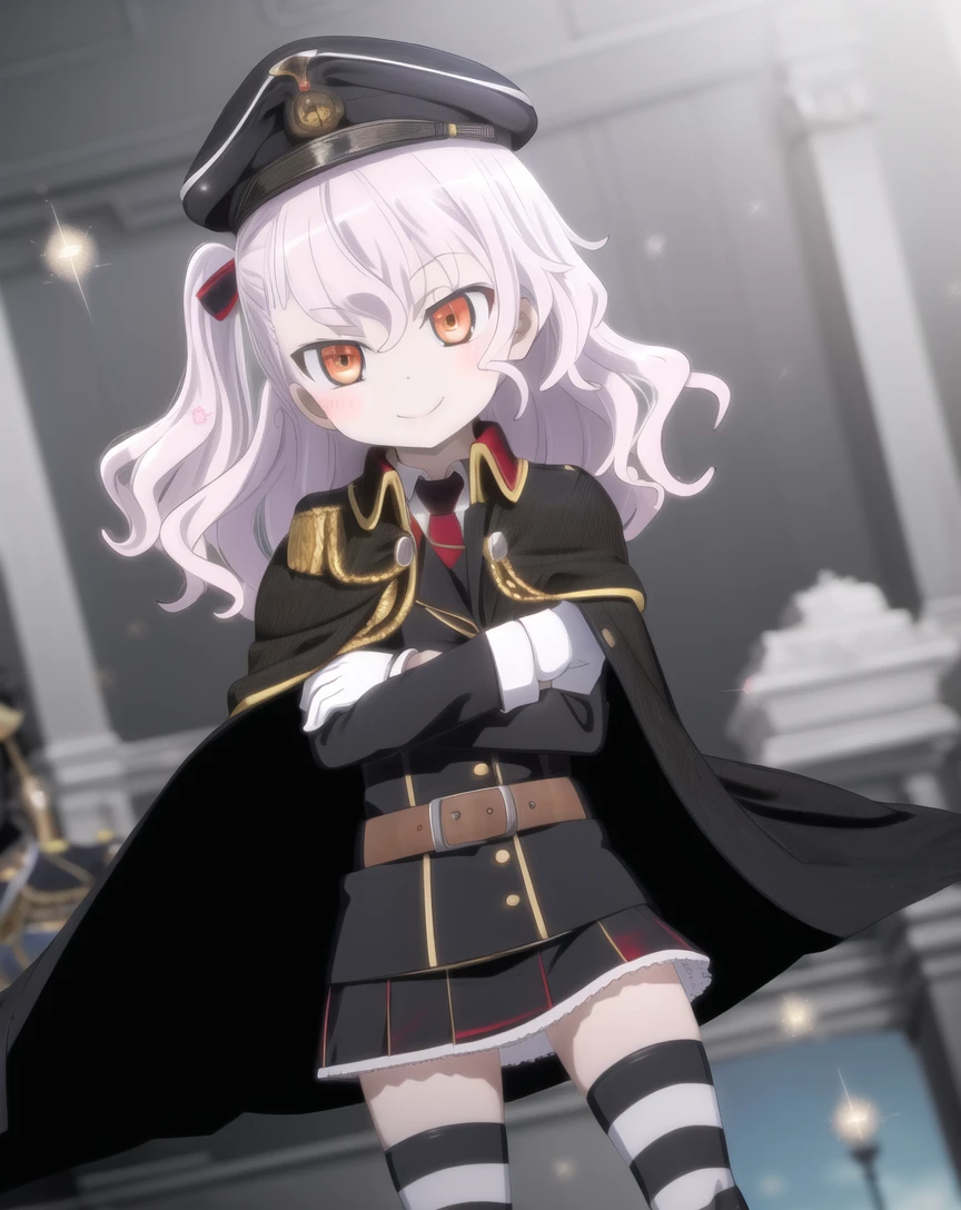 thea_kreutzer, game_card, solo, 1girl, hat, smile, military uniform, crossed arms, looking at viewer, belt, striped thighhighs, dutch angle, cape, orange eyes, gloves, necktie, silky hair, 
<lora:GoodHands-vanilla:1>, <lora:haifuri-loha-bundle-60000:0:0.9:lbw=1,0,0,0,0,0,0,0,0,0,0,0,0,0,0,0,0,1,1,1,1,1,0,0,0,0>, <lora:ninekeymix12_v50:0.9>