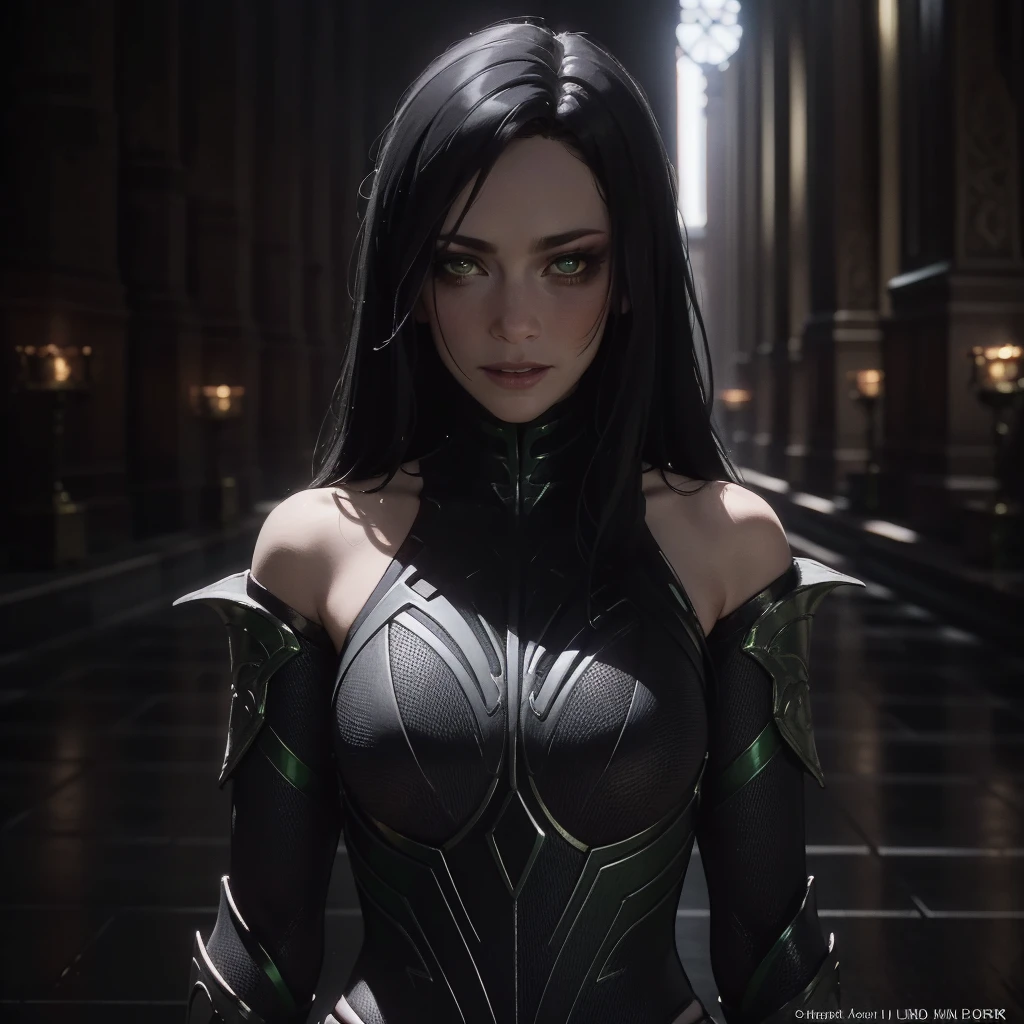 Best_QualityPos, RAW photo, intricate details, best quality, 8k uhd, soft lighting, 1girl, solo, bare shoulders, black hair, long hair, armor, green eyes <lora:HelaV1:0.7> <lora:LowRA:0.6>