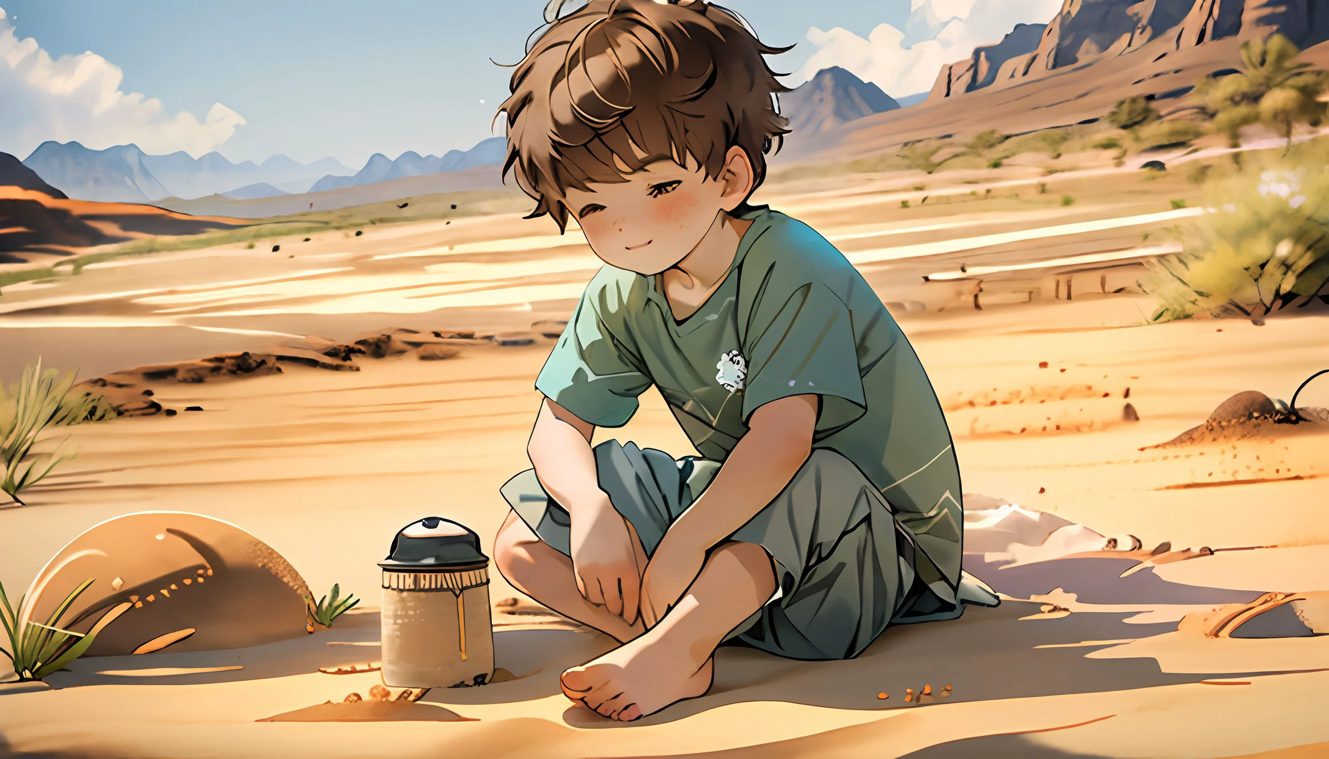(masterpiece),(best quality),(ultra detailed),highres,(1boy:1.2),full body,brown hairs,shirt,shorts,barefoot,sitting,(playing the sand),desert,day,sunlight,outdoors,<lora:shota_ninji_v0.3:0.8>,