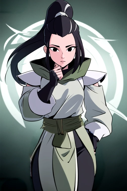 masterpiece, best quality, <lora:hamato_karai:0.7> 1girl, solo, looking at viewer, black hair, long hair, ponytail, black eyes, ponytail, hood down, white shirt, fingerless gloves, elbow gloves, black gloves, long sleeves, green background, green light, glowing, forehead, shoulder pads, pelvic curtain, sash, detailed, raytracing, ultra detailed,detailed face, 8k wallpaper, pants,