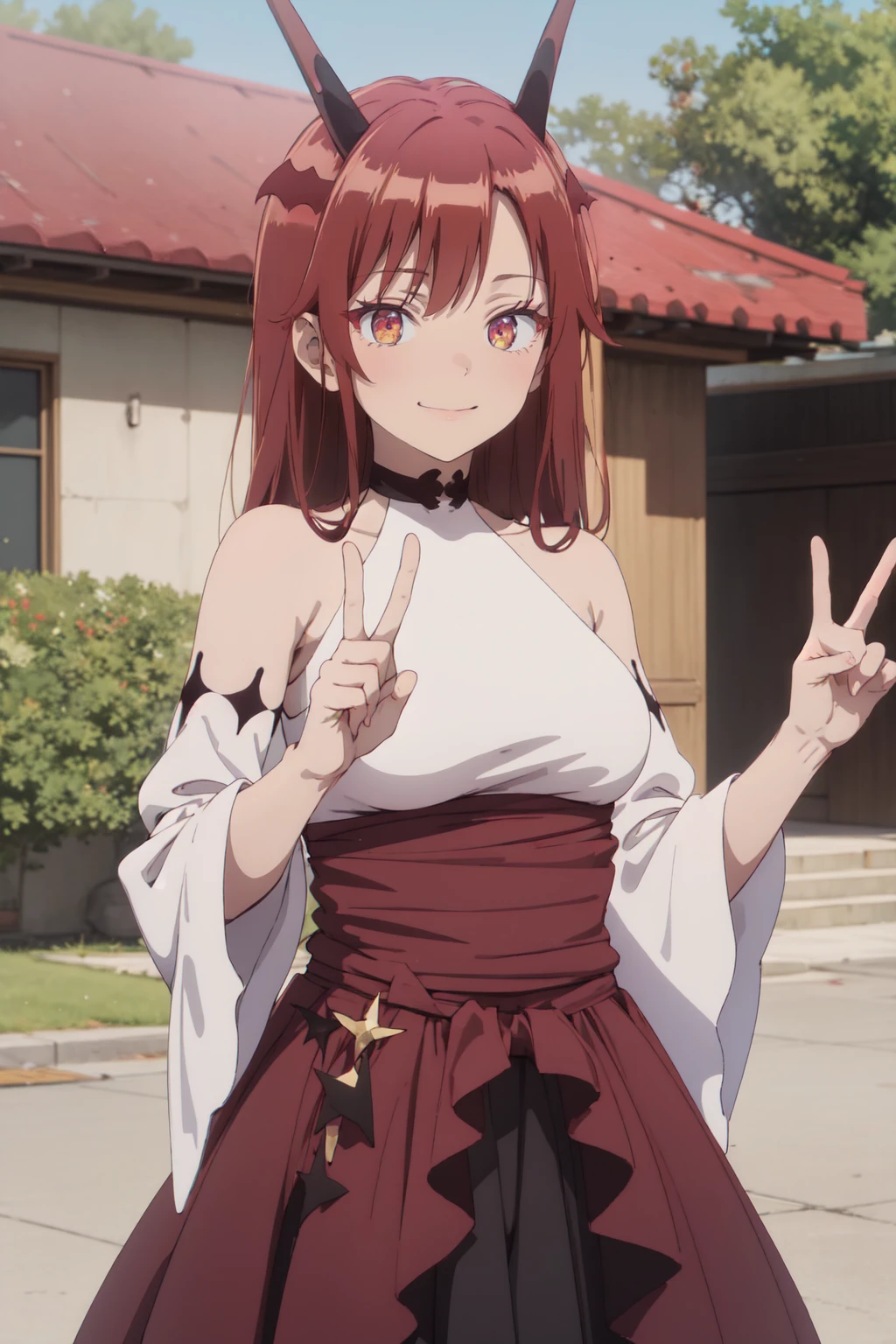 (masterpiece:1.3), (absurdres:1.3), (best quality:1.3), (ultra-detailed:1.3), upper body, looking at viewer, smile, outdoors, (peace sign:1.2), tania-fi, dragon horns, dragon tail, <lora:tania-fi-09:1>, bare shoulders, white shirt, detached sleeves, choker, dress, red skirt,