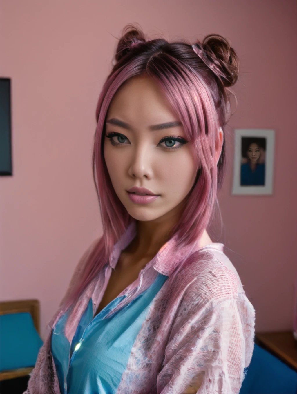 portrait of a woman, wearing a xtra sweetshirt, in here room, she is a nerd, egirl, ultra detail face roseV2, pink hair <lora:RoseV2-000009:1>