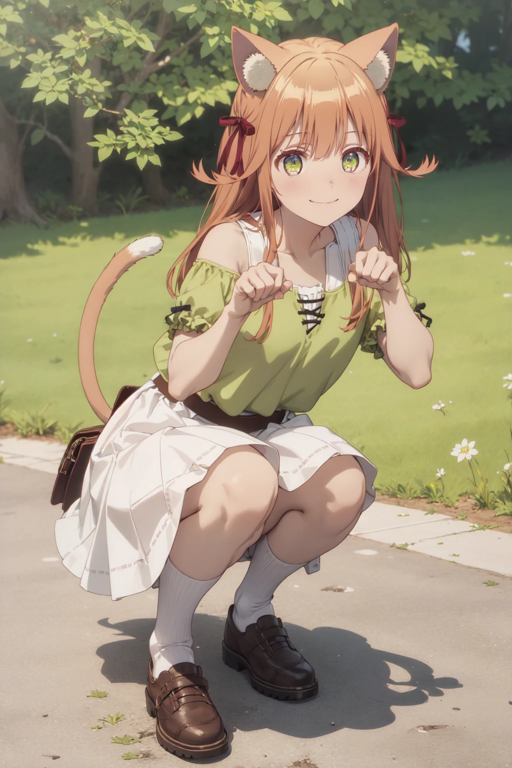 (masterpiece:1.3), (absurdres:1.3), (best quality:1.3), (ultra-detailed:1.3), full body, looking at viewer, smile, outdoors, paw pose, paw, kanade-fi, <lora:kanade-fi-09:1>, kanade-fi, bare shoulders, green shirt, short sleeves, white skirt, cat tail, brown belt, black shoe,