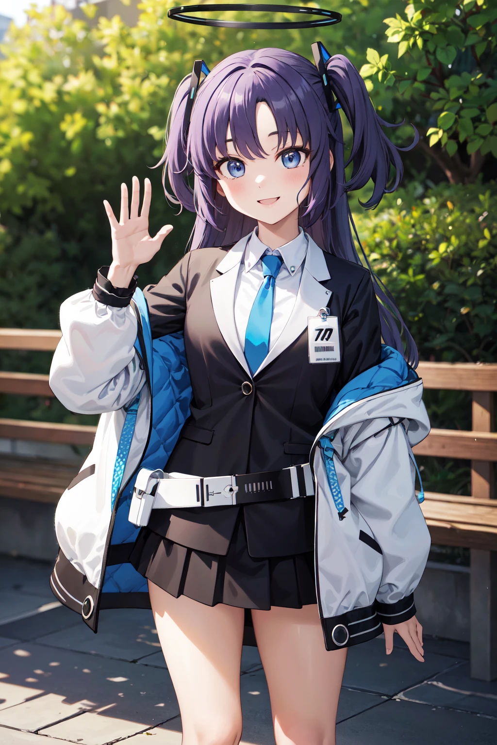 masterpiece, best quality, highres, 1girl, solo, grey hoodie, fang, blue hair, skin fang, blazer, short hair, white jacket, (mole on thigh:0.8), bangs, black skirt, hair behind ear, black socks, collared shirt, purple eyes, pleated skirt, armband, mole, hair ornament, open mouth, outdoors, smile,