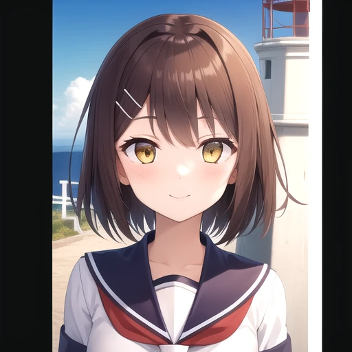 ((masterpiece)),(best quality),official art,extremely detailed CG,unity 8k wallpaper,ultra detailed,A lighthouse on a cliff by the sea,1girl,solo,upper body,(portrait:1.2),short_hair,brown_hair,white shirt,school_uniform,serafuku,yellow_eyes,single_thighhigh,smile,pleated_skirt,asymmetrical_legwear,hairclip,glowing_eye,hair_ornament,uneven_legwear,<lora:Furutaka(kan)>,