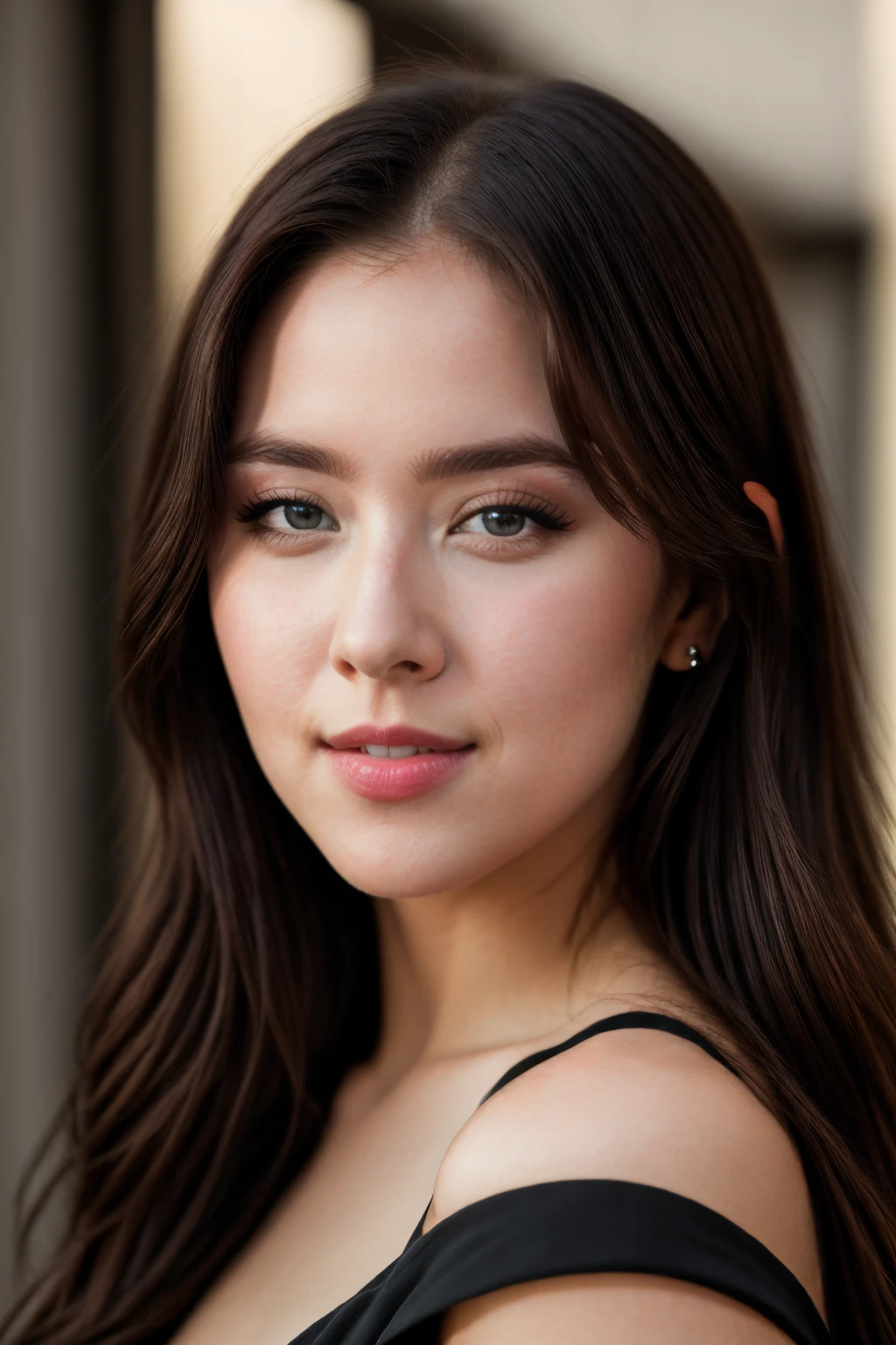 LisaNobody, RAW photo, face portrait photo of beautiful 26 y.o woman, cute face, wearing black dress, happy face, hard shadows, cinematic shot, dramatic lighting <lora:LisaNobody:1>