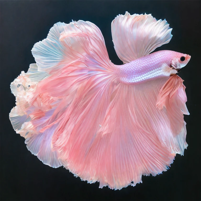 a Betta fish ,a light pink, light ivory, light blue and light purple colored fish, perfect tail and fins, caudal fin, dorsal fin, pectoral fin, ventral fin, anal fin, open eyes, closed mouth, closed gills,detailed scales.Right side view pose, swimming on a black background  <lora:Mr_Betta_LORA-06:1> , 35mm film movie still, ultra photorealistic, photorealism, film grain, taken with hasselblad H6D 100c, the HCD 24mm lens, cinematic dramatic lighting, cold muted colors, sharp focus, (perfect real extremely details), amazing fine detail, absurdres, hyper realistic lifelike texture, dramatic lighting