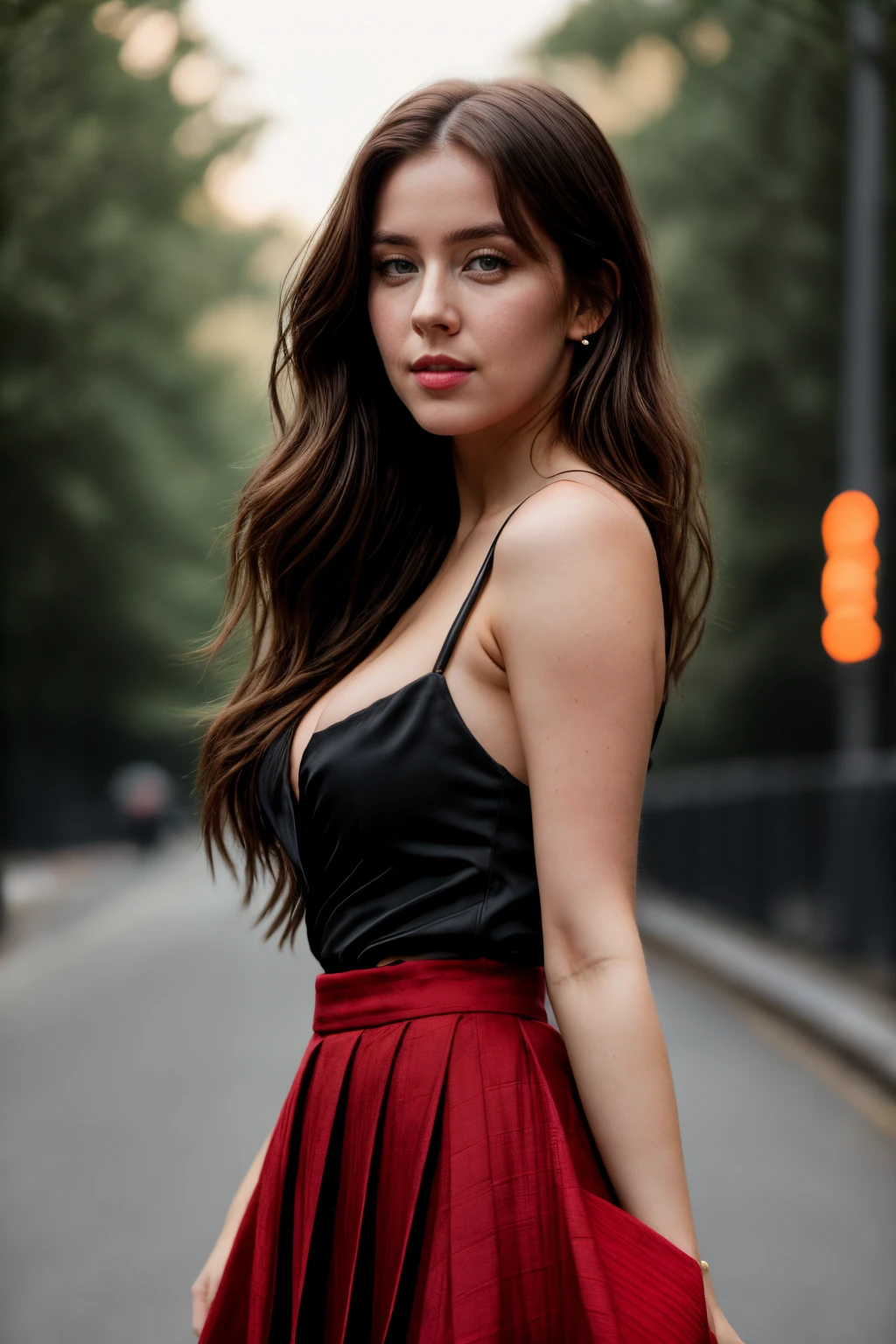 LisaNobody, RAW photo, full body photo of beautiful woman, cute face, standing in the middle of the road, (red top:1.1), (cleavage:1.1), (Black Pleated Skirt:1.1), cozy bedroom, messy hairs, bokeh, pores, unretouched, vellus hair, natural skin  <lora:LisaNobody:1>  <lora:more_details:0.6>