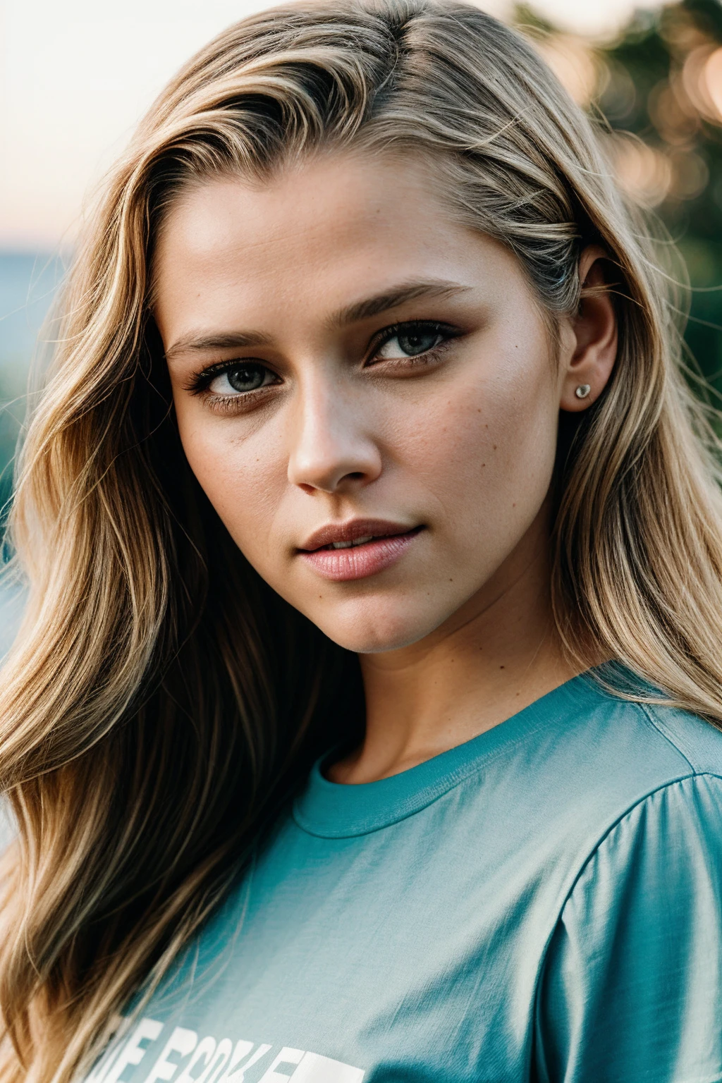 The photo was captured using the camera on an iPhone. It is a medium shot selfie of a beautiful young woman. The woman has blonde hair with pink ombre highlights. The photo has a film grain effect and is of medium quality. (ombre:1.3) blonde pink BREAK film grain, medium quality