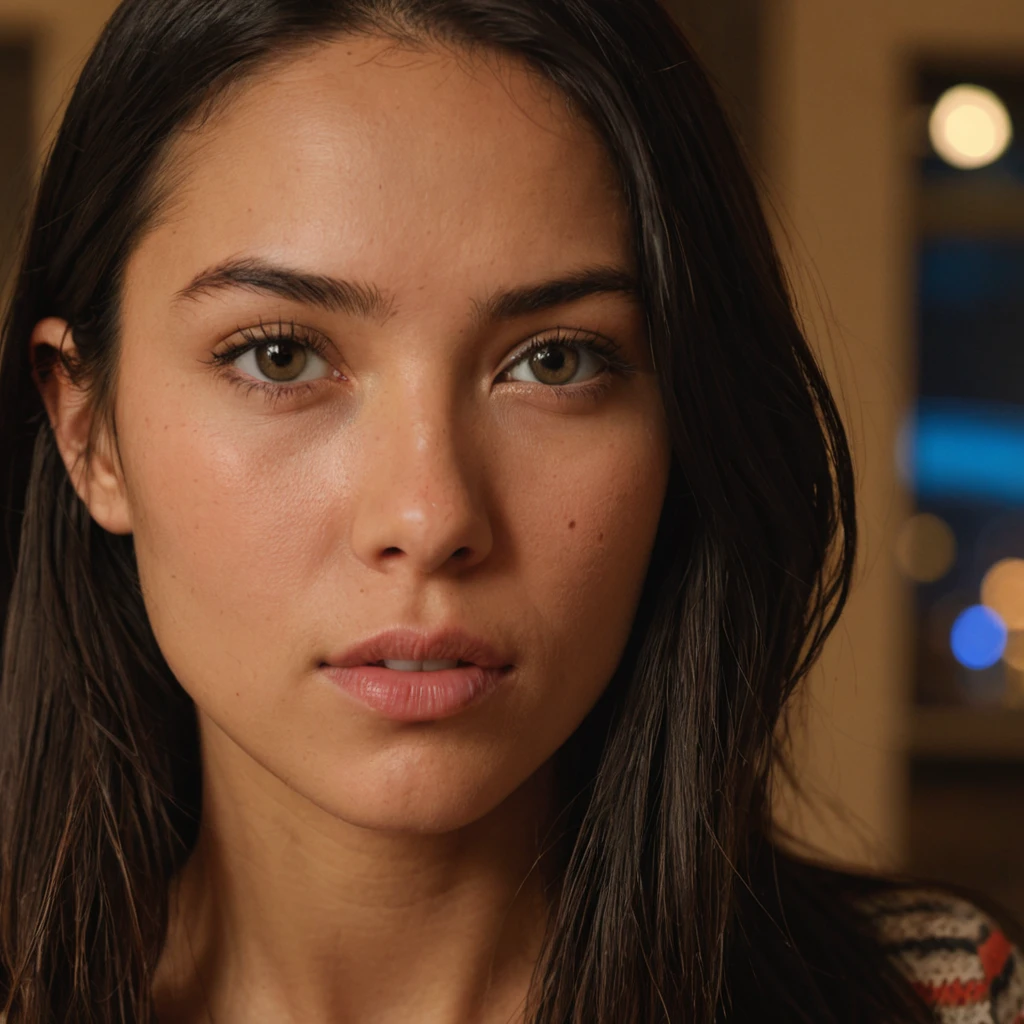 (Very close shot, zoomed in close-up face portrait:1.5) photo of a pondering, (closed mouth:1.5) flirty amateur skinny young 25 year old Islander woman with medium straight layered black hair,.
turned towards camera. Modern style, inside a dining room , village visible through window, night.
cinematic lighting, vibrant colors, detailed skin texture, detailed cloth texture, beautiful detailed perfect face, intricate sharp details, ultra high res