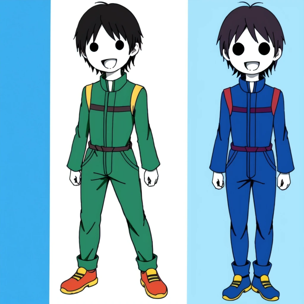 <lora:dot_eyes_and_open_mouth_ï¼D_v1:0.5>, 1boy, comic, black eyes, :d, style parody, solid circle eyes, SDCL, full body, mechanic, jumpsuit, pale skin, anime coloring,