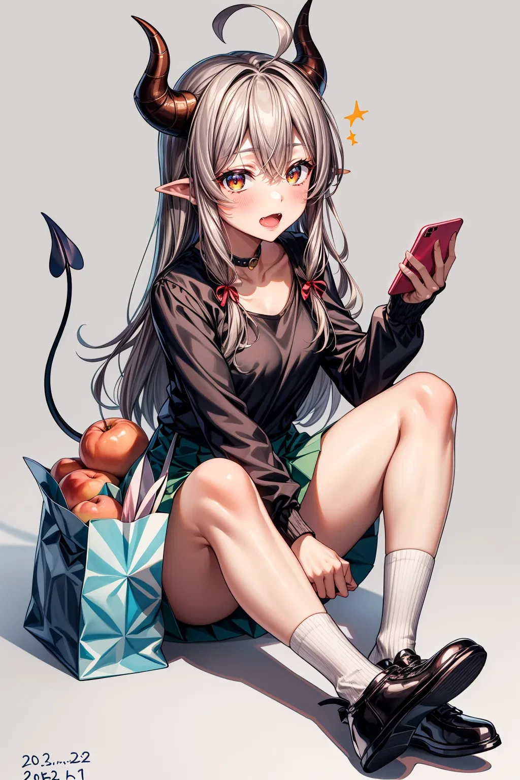 masterpiece:1.2, high quality, best quality, <lora:add_detail:1>, ,smartphone,skin fang,solo,long skirt,demon girl,knees up,hands up,brown hair,demon horns,fruit,holding phone,holding,brown shirt,no shoes,dated commentary,wifi symbol,tail,blush,ahoge,horns,cellphone,phone,hair between eyes,casual,full body,long hair,cable,yunoppi,food,highres,skirt,sitting,simple background,brown eyes,long sleeves,bag,yoshida yuuko \(machikado mazoku\),1girl,shopping bag,grey background,demon tail,battery indicator,green skirt,peach,machikado mazoku,2023,fang,curled horns,absurdres,open mouth,shirt,tareme,sidelocks,expressive tail