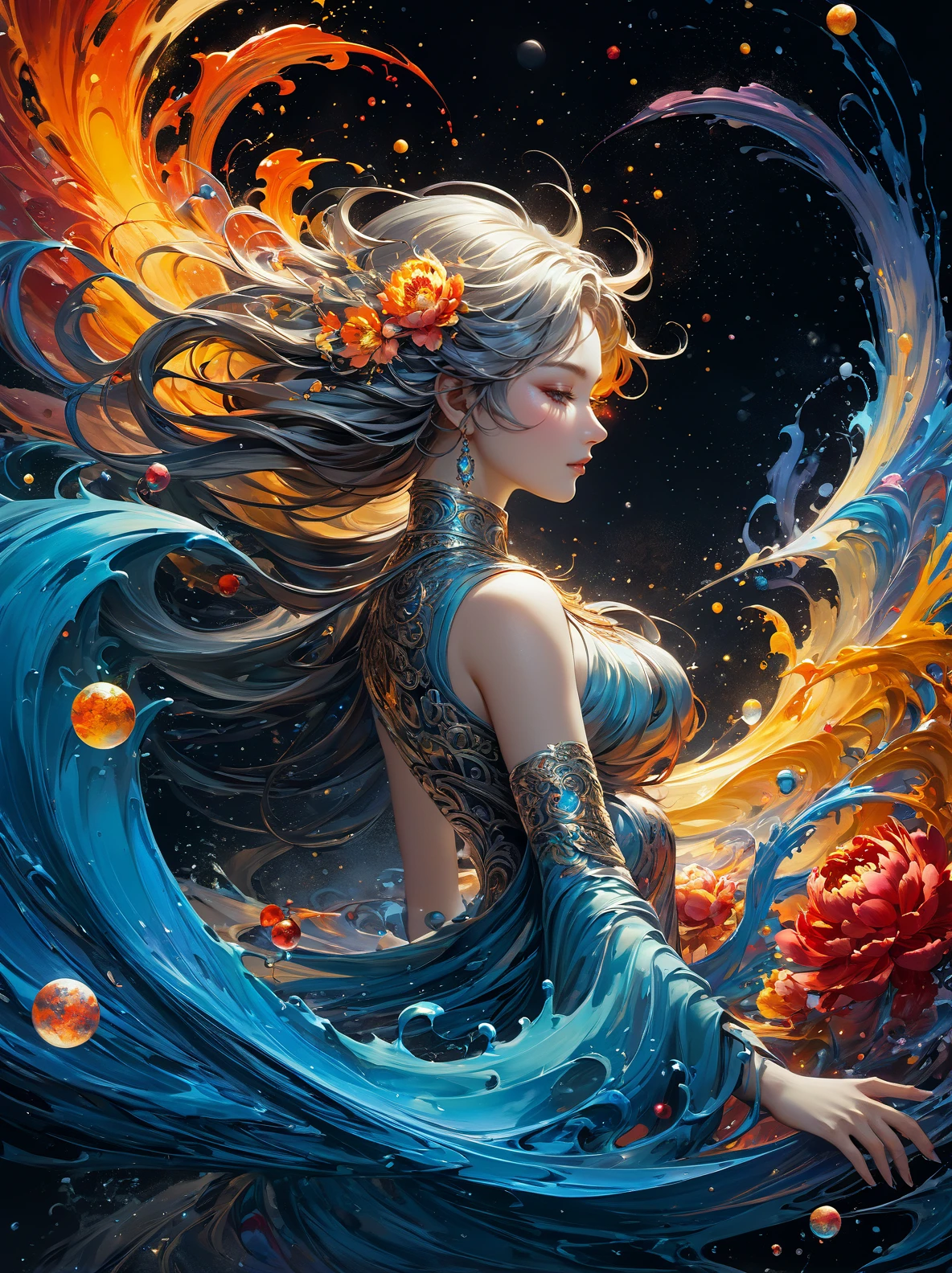 Jupiter, splash art, a close up liquid luminous moon lady made of colors, silver, red, orange, light yellow, grey golden, liquid fire peony flowers, filigree, filigree detailed, swirling fire flames, Galaxy, color drops, color waves, moonlight, splash style of colorful paint, hyperdetailed intricately detailed, unreal engine, fantastical, intricate detail, splash screen, complementary colors, fantasy, concept art, 8k resolution, masterpiece, oil painting, heavy strokes, paint dripping, splash arts, fantasy art, concept art, centered composition perfect composition, centered, intricated pose, intricated
