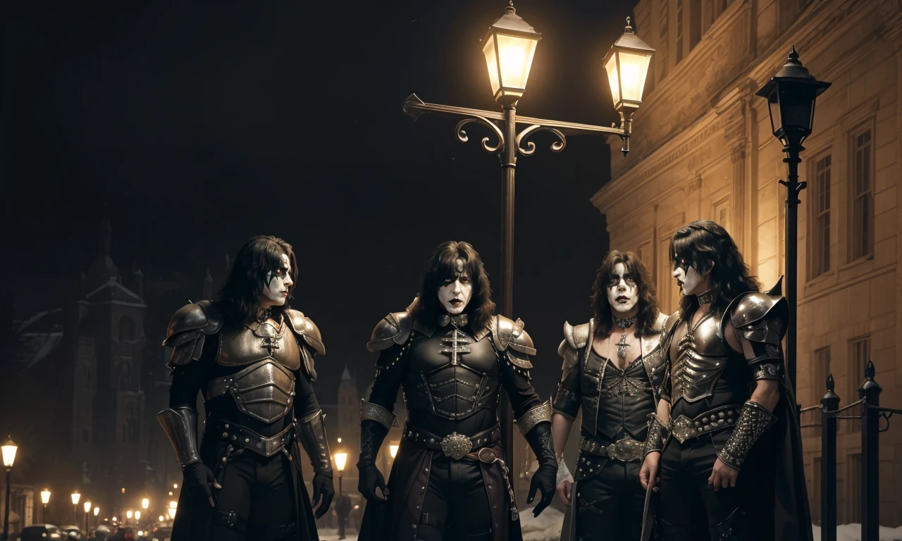 kissb2023, 4 men, 4 people, masterpiece, best quality, 8k, uhd, detailed skin, standing dark castle, gothic setting, horror \(theme\), cowboy shot, night, darkness, cinematic lightin, dramatic lighting, lamppost, armor, fantasy,