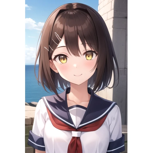 ((masterpiece)),(best quality),official art,extremely detailed CG,unity 8k wallpaper,ultra detailed,A lighthouse on a cliff by the sea,1girl,solo,upper body,(portrait:1.2),short_hair,brown_hair,white shirt,school_uniform,serafuku,yellow_eyes,single_thighhigh,smile,pleated_skirt,asymmetrical_legwear,hairclip,glowing_eye,hair_ornament,uneven_legwear,<lora:Furutaka(kan)>,