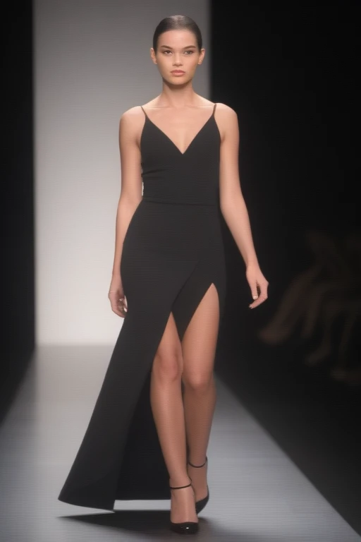 <lora:shiny_style_xl-turbo:1>a woman clothing on the runway at a fashion show