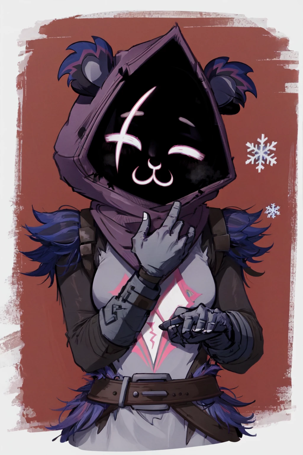 Raven Team Leader, 1girl, purple hood, animal ears, shaded face, purple skin, scar on eye, (furry), (body fur:1.2), purple fur, belt, straps, :3, torso symbol, metal gloves, upper body, red background, closed eyes, snowflakes, christmas <lora:Raven_TL:1>