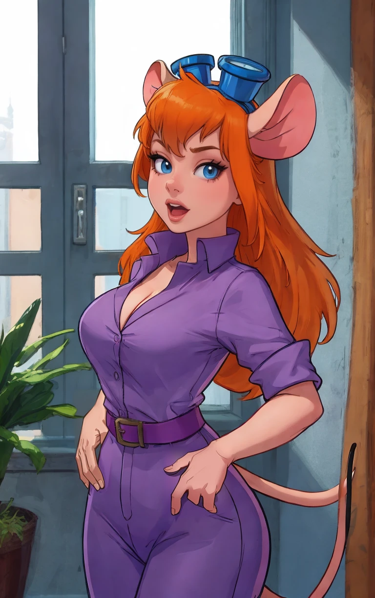 CARTOON_gadget_hackwrench_ownwaifu,
1girl, furry female, long hair, orange hair, blue eyes, bangs, sidelocks, buck teeth, animal ears, mouse ears, animal nose, mouse tail, body fur, tail, goggles, goggles on head, eyewear on head, breasts, medium breasts, 
cleavage,  jumpsuit, purple dress, collared shirt, short sleeves, sleeves rolled up, belt, pants, 
<lora:CARTOON_gadget_hackwrench_ownwaifu:0.8> ,
((masterpiece)),((best quality)),(highres, absurdres), original, official_art, chromatic_aberration, bokeh, depth_of_field, window, wisteria, loaded_interior, skylight, sunset, indoors, window_shade, potted_plant, focused, looking at viewer, solo, cowboy shot,