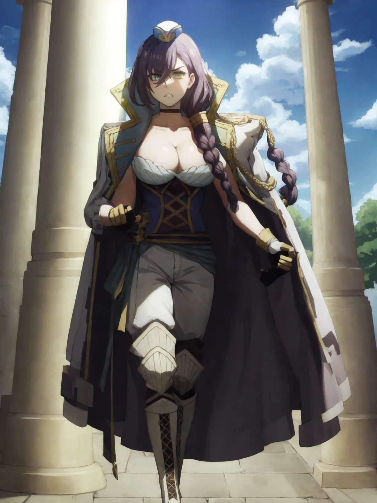 SLE, mksks style, detailed background absurdres, highres, chromatic aberration, (full body), <lyco:GoodHands-beta2:1.0>,
BREAK solo, 1girl, <lora:Hrist:1>, hrist, braid, single braid, side braid, braided ponytail, hair over shoulder,
BREAK hat, choker, white and blue jacket, jacket on shoulders, cleavage, blue corset, gold trim, white pants, knee boots, white footwear, black gloves, fingerless gloves,
BREAK standing, angry, clenched teeth, v-shaped eyebrows, anger vein, constricted pupils, clenched hand, hand up, looking at viewer,
BREAK colosseum, greco-roman architecture, pillar, blue sky, clouds, sunlight, outdoors