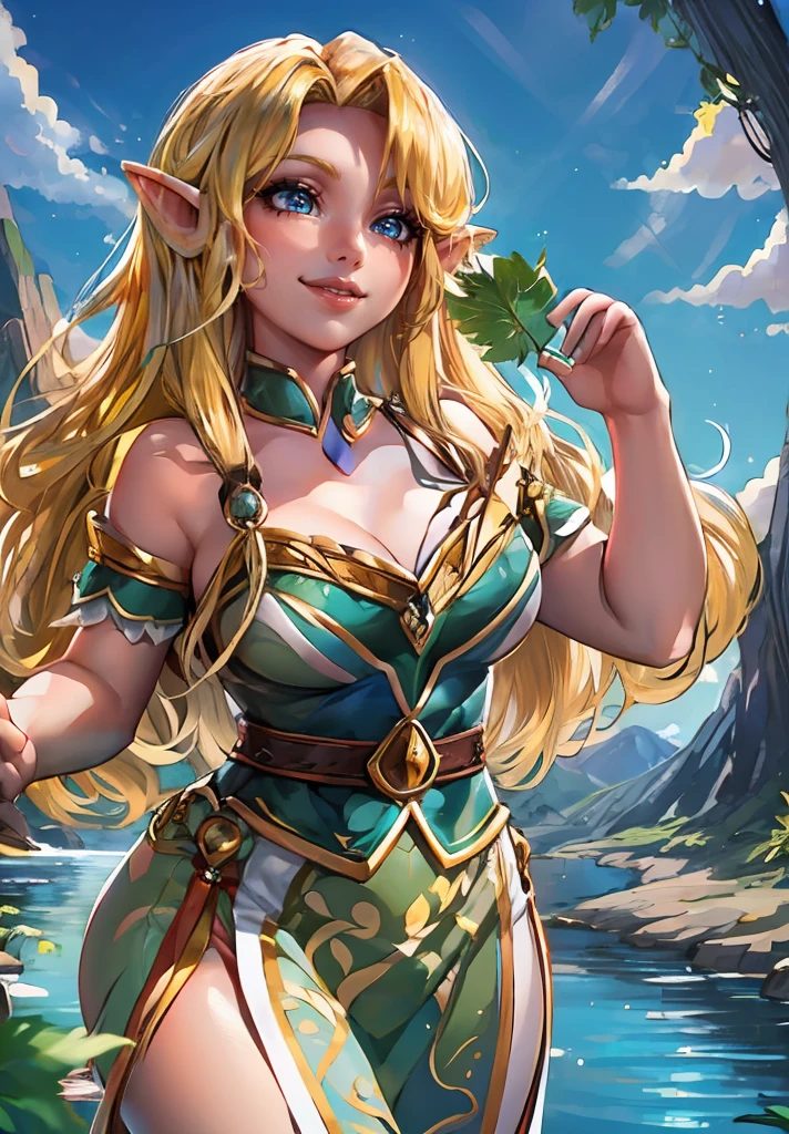 1girl, smile, curvy, from below, (pointy ears, elf, blonde long hair, big breasts, blue eyes, nervous smile), holding a leaf, forest, lake, leaf dress, fantasy,
(detailed background),(dynamic angle),(cowboy shot:1.2),
(masterpiece:1.2), (best quality, highest quality), (ultra detailed), (8k, 4k, intricate),