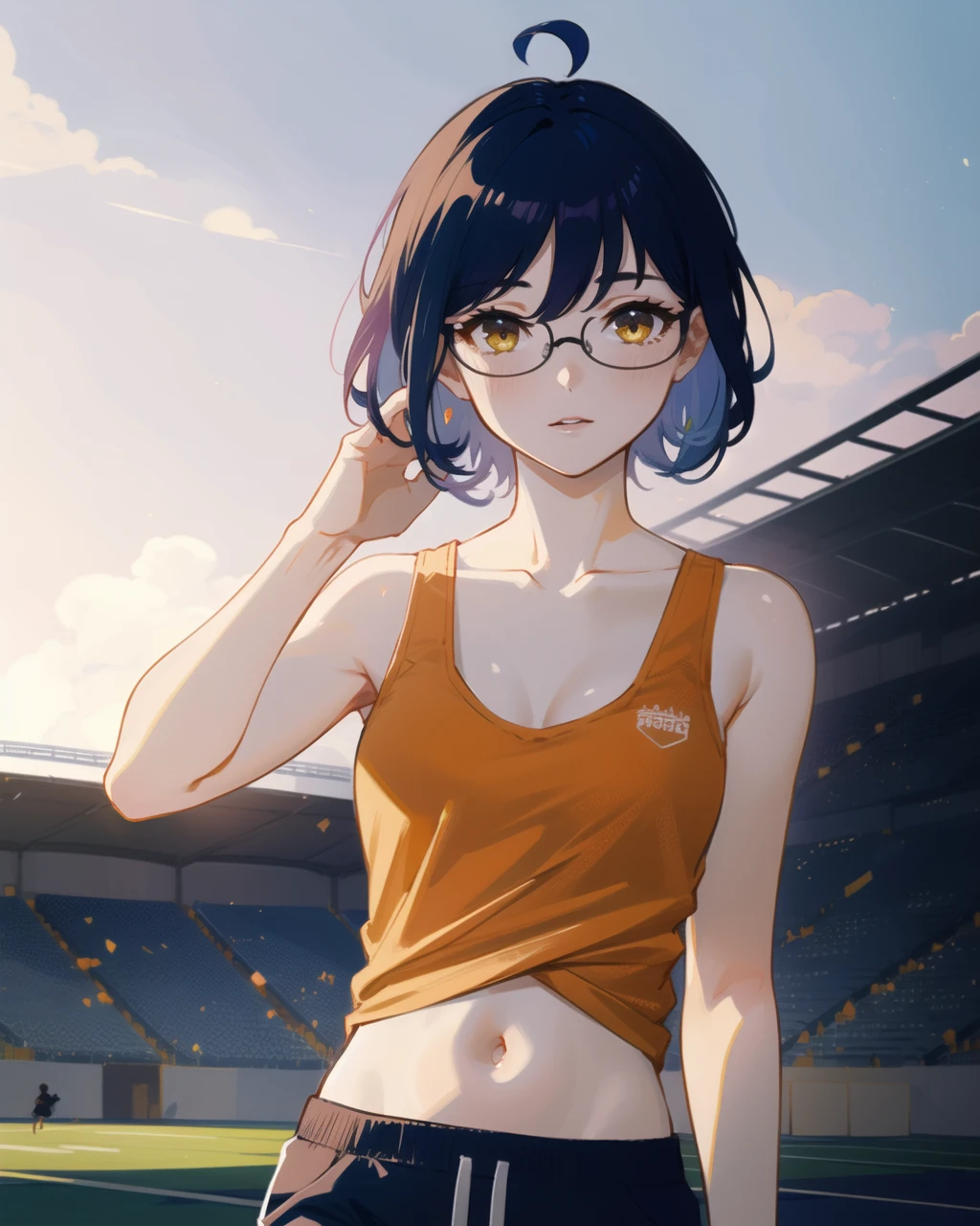 masterpiece, high quality, bljenya, 1girl, detailed, intricated, medium shot, upper body, dynamic shot, detailed eyes, ahoge, yellow eyes, blue hair, glasses, orange tank top, black sport pants, outdoors, stadium, <lora:bljenya-000008:0.6>