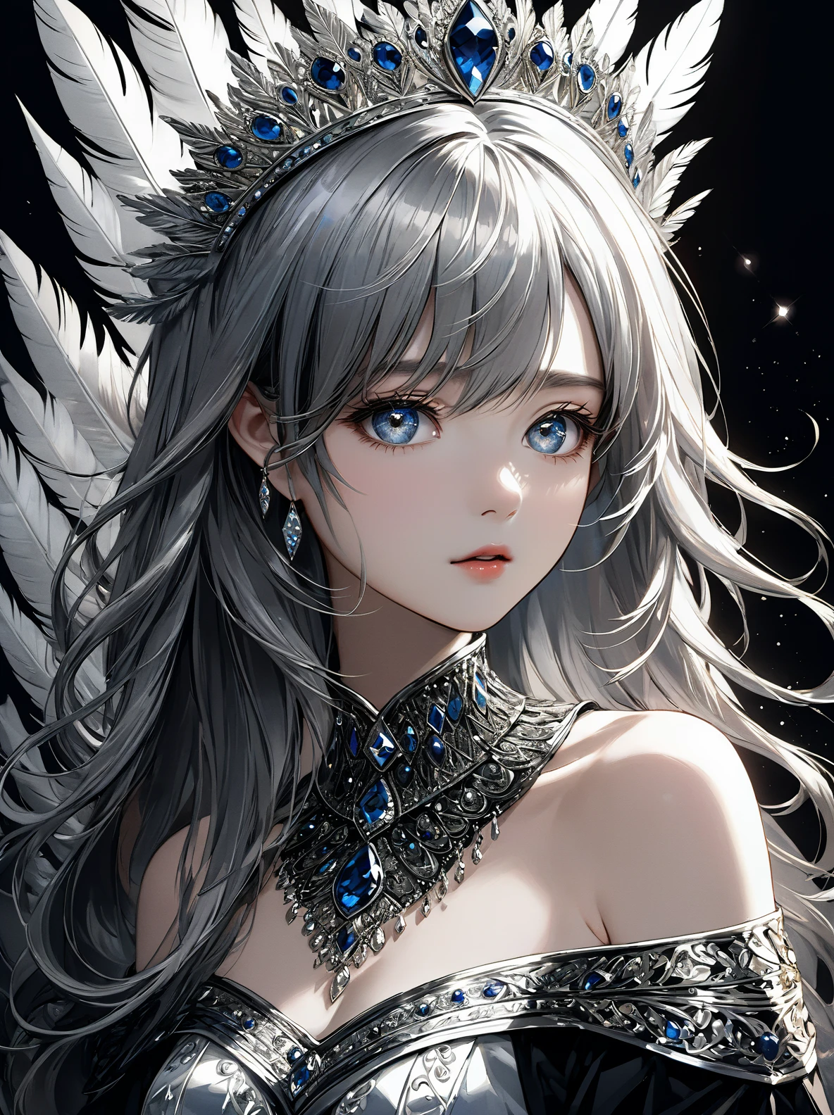 (((masterpiece))),best quality, illustration,(beautiful detailed girl), a girl ,solo,bare shoulders,flat_chst,diamond and glaring eyes,beautiful detailed cold face,very long blue and sliver hair,floaing black feathers,wavy hair,black and white sleeves,gold and sliver fringes,a (blackhole) behind the girl,a silver triple crown inlaid with obsidian,(sit) on the black ((throne)), (depth) of (field)