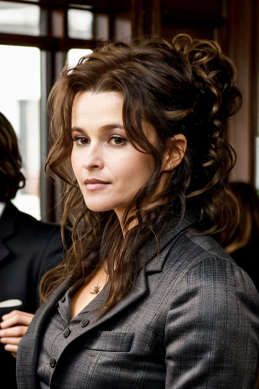 masterpiece,best quality, detailed face, business suit, in a restaurant,<lora:Helena_Bonham_Carter:1> 1girl, solo, a mature 40 year old hb1873c, brown hair, wavy,messy,up do, hair,
