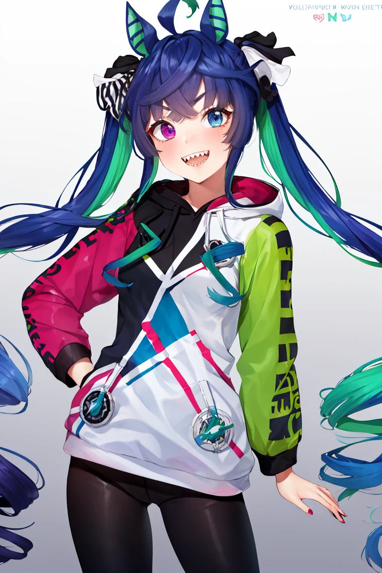 <lora:Puppypaww_Style:0.8>,((masterpiece,best quality)), absurdres, <lora:Twin_Turbo_Umamusume:0.8>, Twin_Turbo_Umamusume,  aqua hair, twintails, heterochromia, purple eyes, blue eyes, sharp teeth, multicolored hoodie, black leggings,  solo, smiling, looking at viewer, cowboy shot,