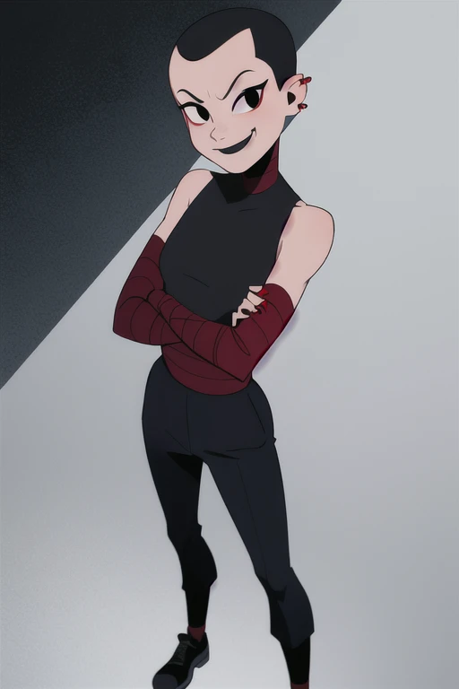 masterpiece, best quality, <lora:cassandra_jones:0.7> 1girl, solo, smile, evil smile, black eyes, dark skin, bald, black hair, looking at viewer, black shirt, black pants, red bandages, short hair, standing, crossed arms, ear piercing,