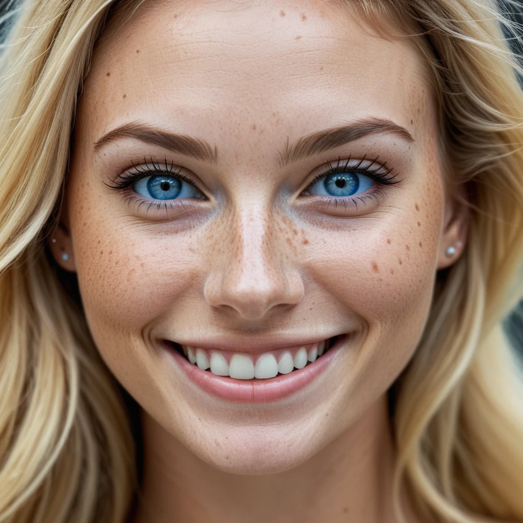 UHD macroscopic photograph of a beautiful freckled woman smiling, with blue eyes and blond hair, rough skin and detailed pores, well defined hair