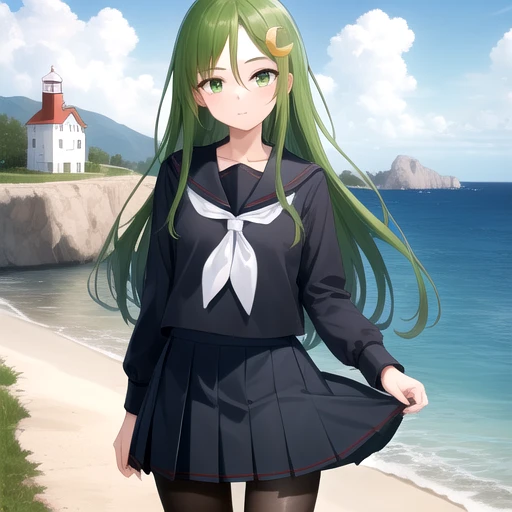 ((masterpiece)),(best quality),official art,extremely detailed CG,unity 8k wallpaper,ultra detailed,A lighthouse on a cliff by the sea,1girl,solo,cowboy shot,green eyes,long hair,school uniform,black shirt,green hair,serafuku,black pantyhose,crescent hair ornament,white necktie,black skirt,loafers,black sailor collar,pleated skirt,looking at viewer,white neckerchief,long sleeves,crescent pin,<lora:Nagatsuki(kan)>,