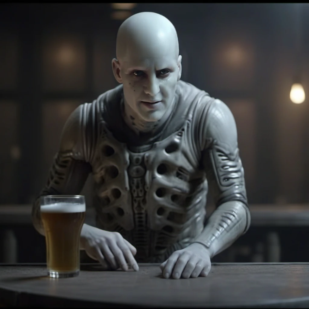 an alien, full body, having a beer in a pub <lora:Predalien1024:0.8>