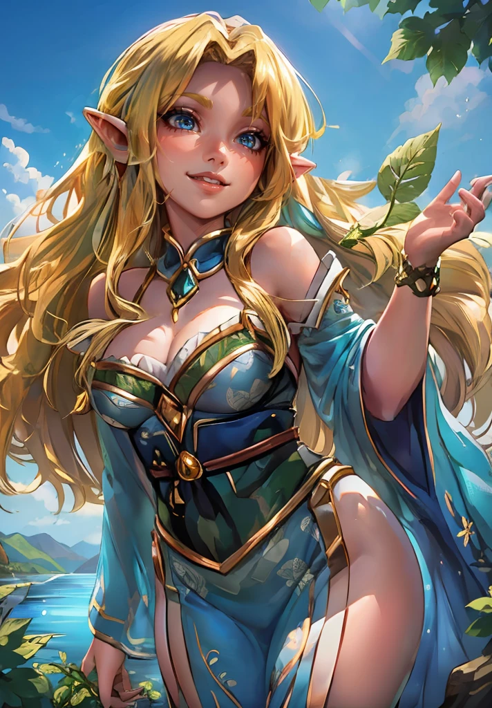 1girl, smile, curvy, from below, (pointy ears, elf, blonde long hair, big breasts, blue eyes, nervous smile), holding a leaf, forest, lake, leaf dress, fantasy,
(detailed background),(dynamic angle),(cowboy shot:1.2),
(masterpiece:1.2), (best quality, highest quality), (ultra detailed), (8k, 4k, intricate),