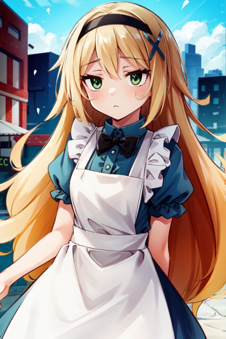 <lora:Miru-000007:0.7>, miru, 1girl, solo, blonde hair, green eyes, long hair, blue shirt, white apron, black hairband, alternate outfit, x hair ornament, expressionless, stripes, frills, puffy short sleeves, bowtie, <lora:hotarueye_jitome3_v100:0.6>, raised eyebrows, hair ornament, outdoors, city, masterpiece, best quality,