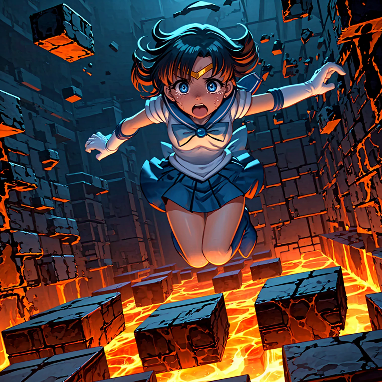 <lora:LCM_LoRA_Weights_SD15:1>,masterpiece,best quality,highly detailed,1girl,solo,scared,panicking,constricted pupils,screaming,raised eyebrows,wide-eyed,crying,tears,
<lora:mercury_v2:1>,mer1,tiara,sailor senshi uniform,blue sailor collar,bow,knee boots,choker,white gloves,blue choker,elbow gloves,jewelry,earrings,blue skirt,
BREAK
<lora:fireFloatingBrick:0.5>,jumpMoltenRock,floating brick object,jumping,in high position,from above,(((lava, floating block))),