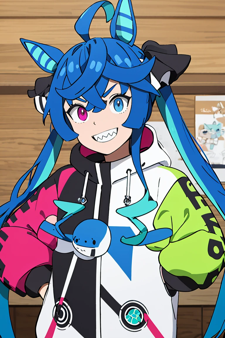 <lora:Alola_Style:0.65>,((masterpiece,best quality)), absurdres, upper body portrait, <lora:Twin_Turbo_Umamusume:0.8>, Twin_Turbo_Umamusume,  aqua hair, twintails, heterochromia, purple eyes, blue eyes, sharp teeth, multicolored hoodie, solo, smiling, looking at viewer,