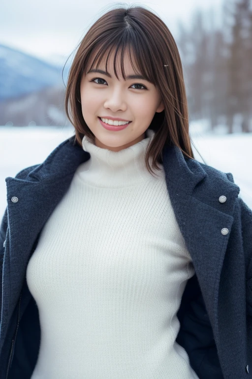 <lora:shihoActual01R:1> shiho, solo
smile for camera,, "Fluffy winter sweater and skirt paired with warm tights for a young Japanese woman."