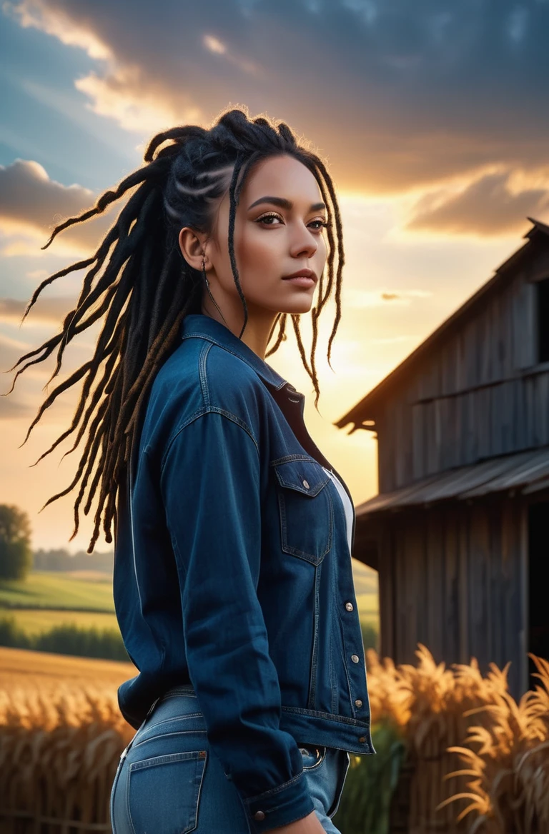 masterpiece of photorealism, photorealistic highly detailed 8k photography, best hyperrealistic quality, volumetric lighting and shadows, dreadlocks dark blue hair young woman in casual clothes, Rustic Barns in Countryside full of busy people, Silhouette Shot Against a Colorful Sky