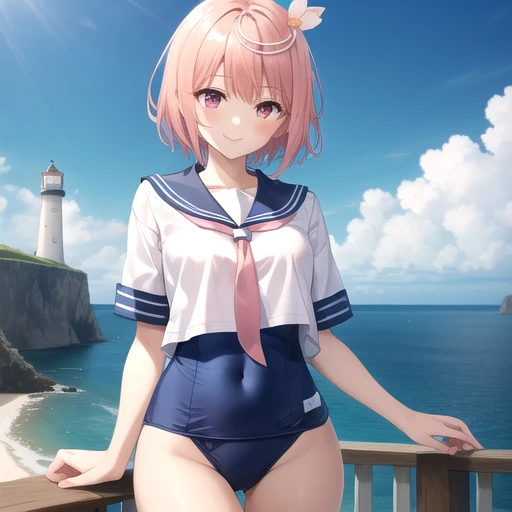 ((masterpiece)),(best quality),official art,extremely detailed CG,unity 8k wallpaper,ultra detailed,A lighthouse on a cliff by the sea,1girl,solo,cowboy shot,school_swimsuit,pink_hair,barefoot,hair_ornament,short_hair,one-piece_swimsuit,ahoge,sailor_collar,swimsuit_under_clothes,blue_one-piece_swimsuit,serafuku,school_uniform,pink_necktie,pink_eyes,blue_sailor_collar,bare_legs,smile,red_eyes,pink_neckerchief,covered_navel,sailor_shirt,short_sleeves,<lora:I·58(kan)>,