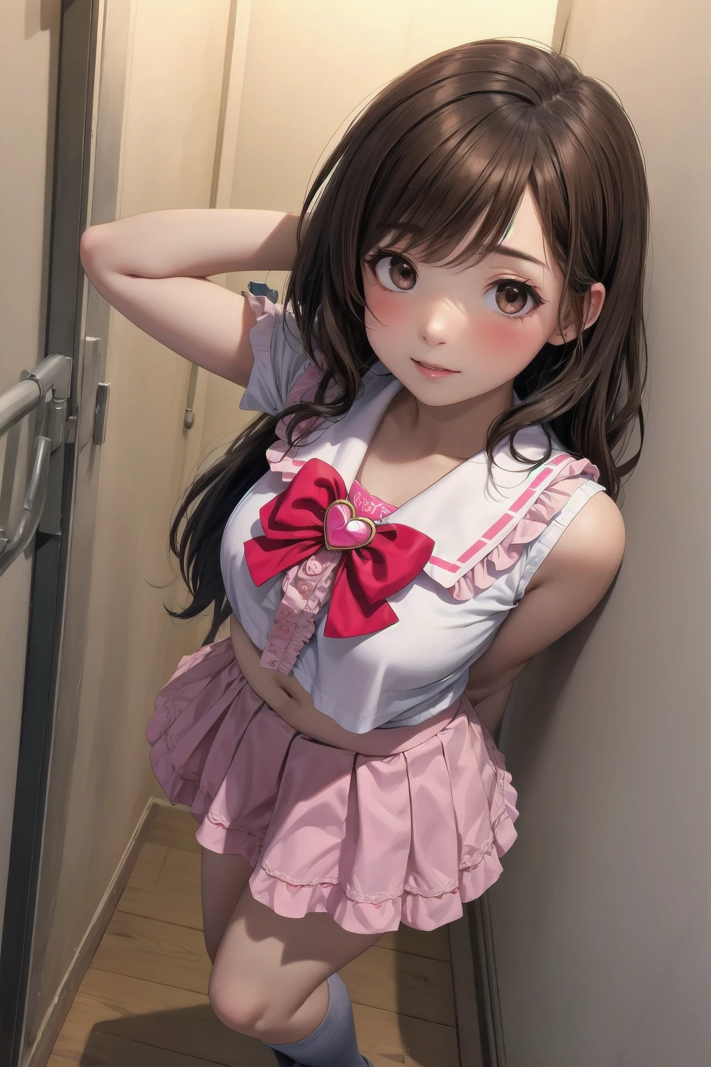 best quality, ultra-detailed, (1girl, solo, brown hair,long hair, white shirt, serafuku, short skirt, frilled skirt, <lyco:heart_brooch_on_chest-v1:1>,heartbroochonchest, large brooch, standing, arms_behind_back ,staring, ), in a stairwell