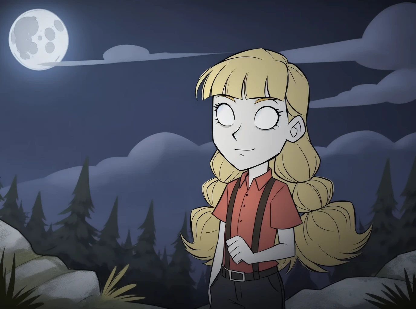 solo,full body,blonde hair,long hair,two braids,1girl,no pupils,red shirt,short sleeves,suspenders,pants,forest,moon,don't starve,<lora:Don't starve_vpred-000004:0.5>,