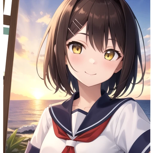 ((masterpiece)),(best quality),official art,extremely detailed CG,unity 8k wallpaper,ultra detailed,A lighthouse on a cliff by the sea,1girl,solo,upper body,(portrait:1.2),short_hair,brown_hair,white shirt,school_uniform,serafuku,yellow_eyes,single_thighhigh,smile,pleated_skirt,asymmetrical_legwear,hairclip,glowing_eye,hair_ornament,uneven_legwear,<lora:Furutaka(kan)>,