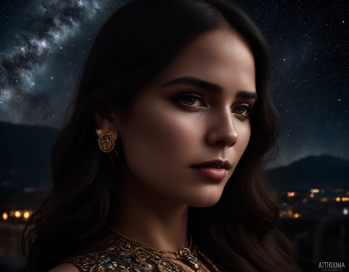 masterpiece, medium portrait charming and miracle female luxury astromancer boho accessories in dreamlike movie, hyper detailed face,8k realistic,art by artgerm, greg rutkowski, sasoura, satchely, major starry sky , city background, UHD, medium long shot,fantasy, no distorsion,sharp focus,,perfect face, <lora:kkw-realism-v1.4:.46>, kkw-ph-1, kkw-HDR, <lora:kkw-HDR-v1.0a:.7>