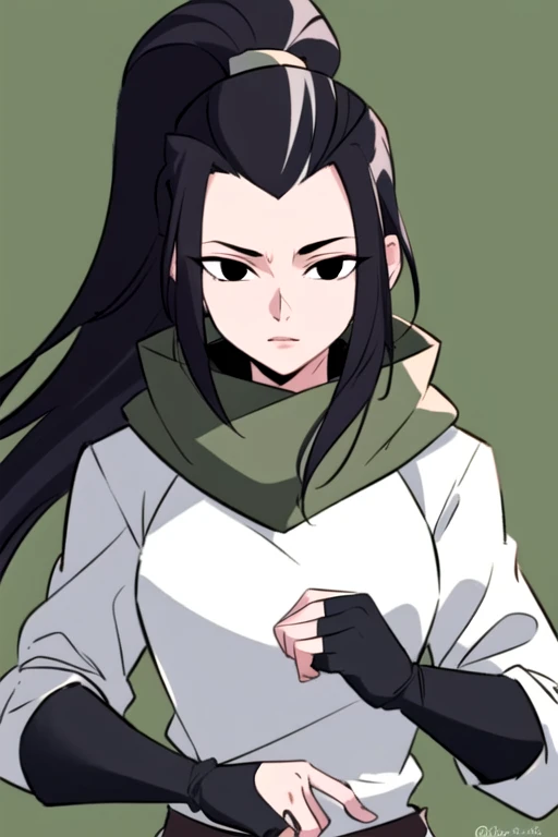 masterpiece, best quality, <lora:hamato_karai:0.7> 1girl, solo, looking at viewer, black hair, long hair, ponytail, black eyes, ponytail, hood down, white shirt, fingerless gloves, elbow gloves, black gloves, long sleeves, green background, glowing, upper body, forehead,