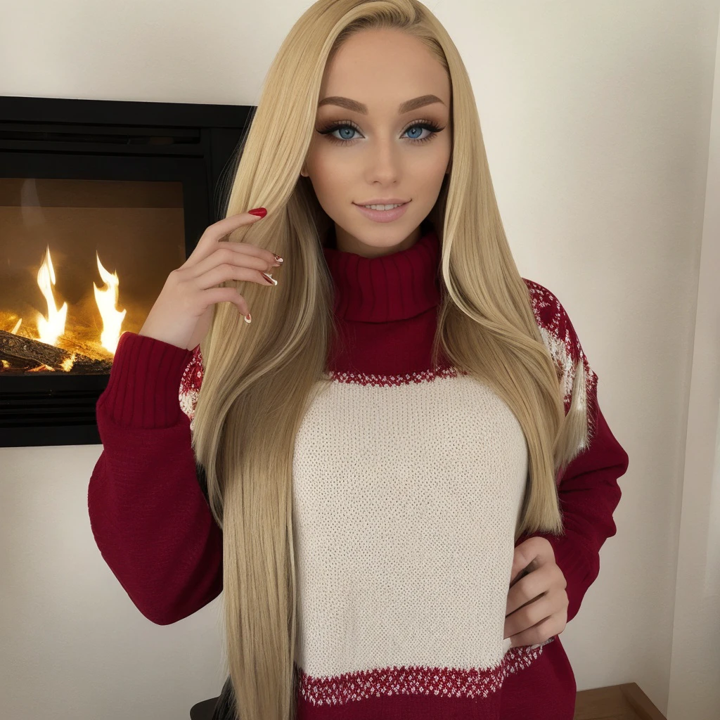 <lora:lucycat_sd15_512_128_64_v1:1> lucycat, 1girl blonde long hair, wearing a christmas sweater, christmas decoration in background, lit fireplace in background